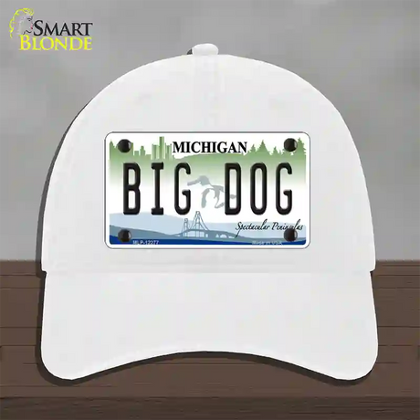 Michigan Big Dog Novelty License Plate Hat Unconstructed Cotton / White