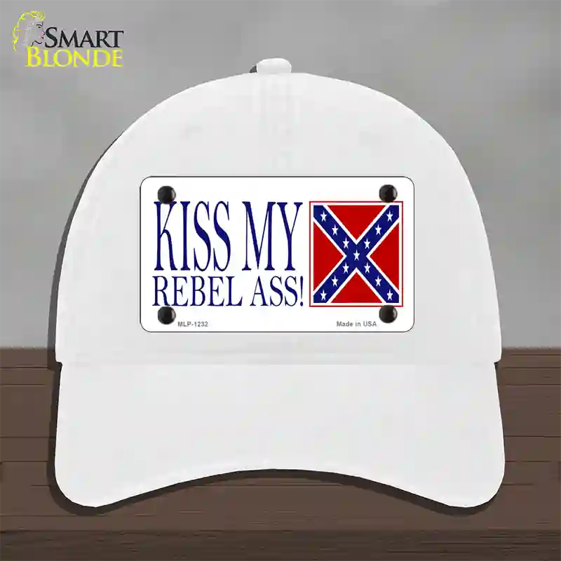 Kiss My Rebel Ass Novelty License Plate Hat Unconstructed Cotton / White