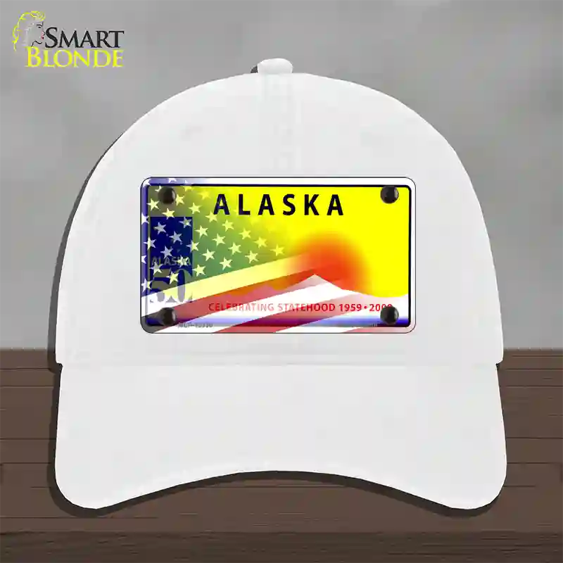 Alaska State Blank Novelty License Plate Hat Unconstructed Cotton / White / Alaska Statehood (2216):https | Half American Flag | Yes