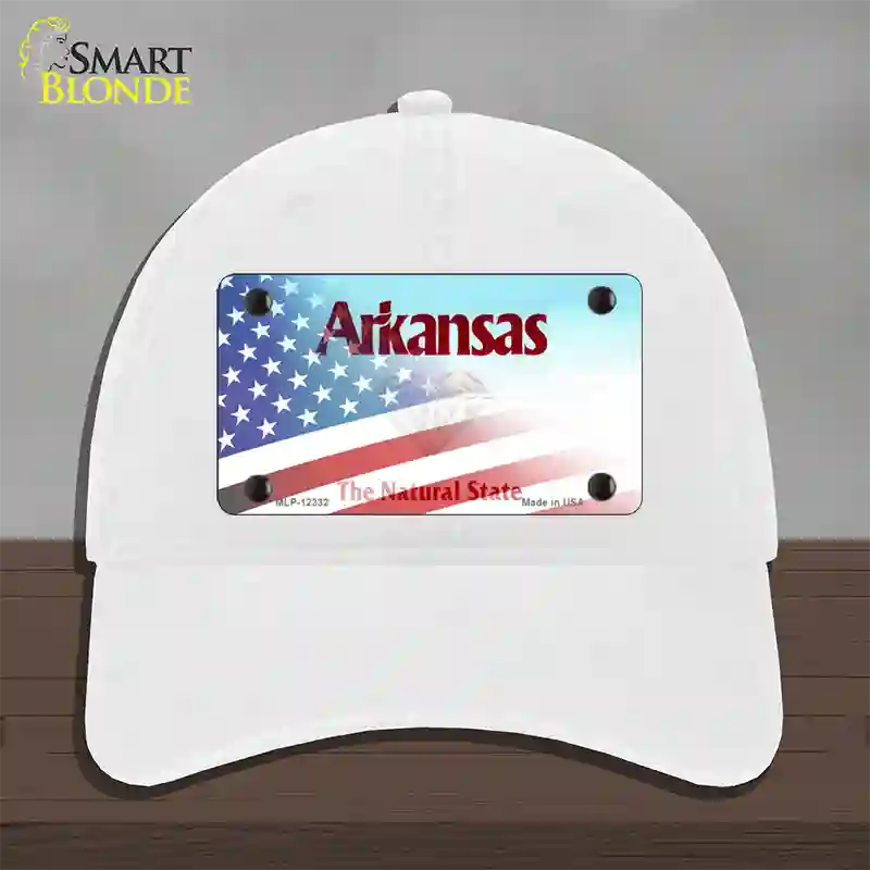 Arkansas State Novelty License Plate Hat Unconstructed Cotton / White / Arkansas Diamond (2218):https | Half American Flag | Yes