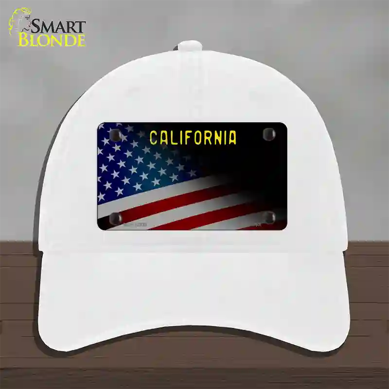 California with American Flag Novelty License Plate Hat Unconstructed Cotton / White