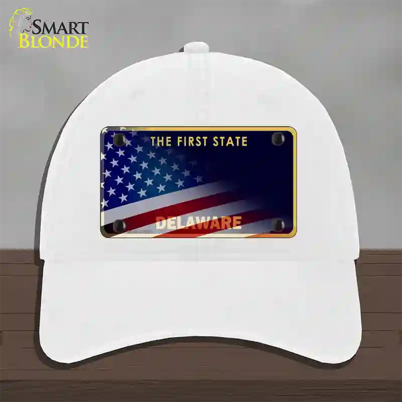 Delaware with American Flag Novelty License Plate Hat Unconstructed Cotton / White