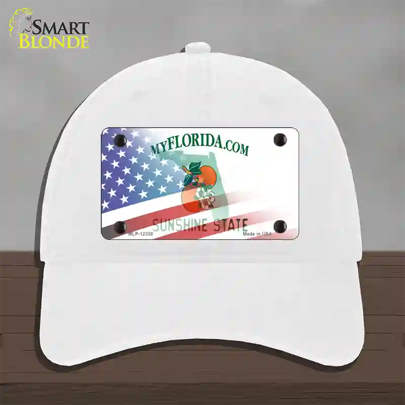 Florida with American Flag Novelty License Plate Hat Unconstructed Cotton / White