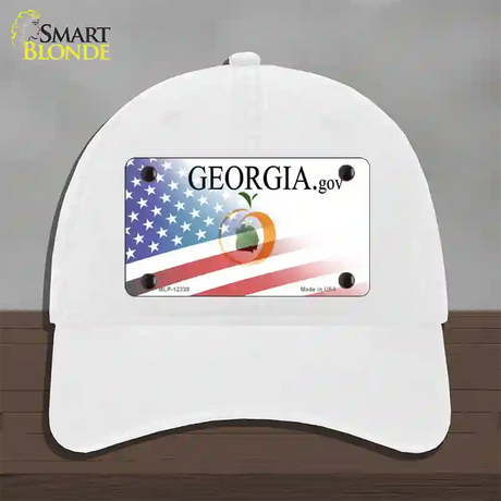 Georgia with American Flag Novelty License Plate Hat Unconstructed Cotton / White