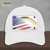 Hawaii with American Flag Novelty License Plate Hat Unconstructed Cotton / White