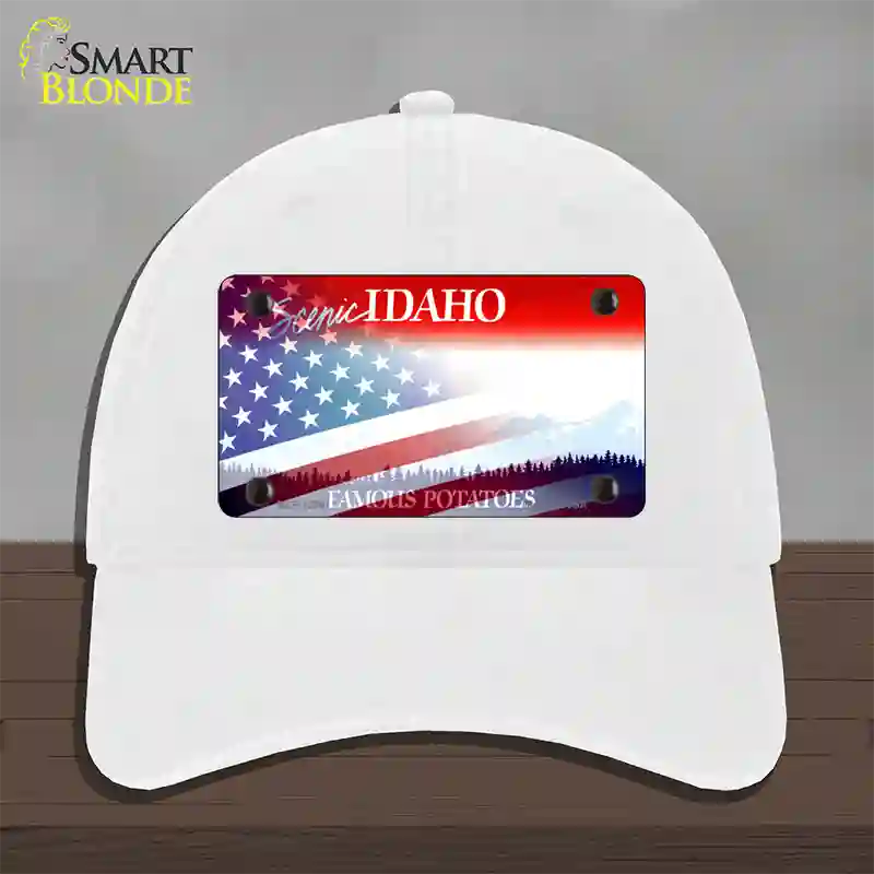 Idaho with American Flag Novelty License Plate Hat Unconstructed Cotton / White