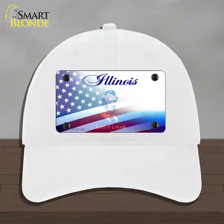 Illinois with American Flag Novelty License Plate Hat Unconstructed Cotton / White