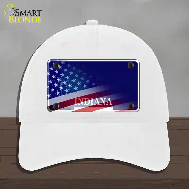 Indiana with American Flag Novelty License Plate Hat Unconstructed Cotton / White