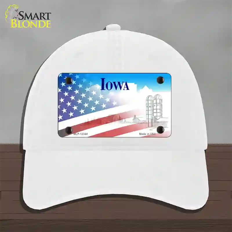 Iowa with American Flag Novelty License Plate Hat Unconstructed Cotton / White