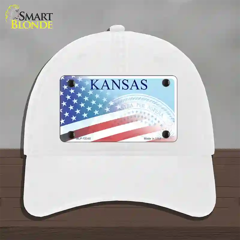 Kansas with American Flag Novelty License Plate Hat Unconstructed Cotton / White