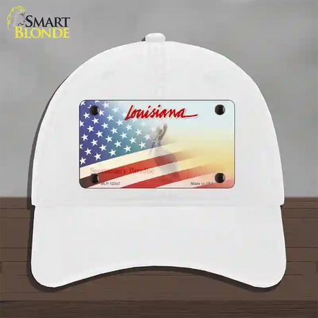 Louisiana with American Flag Novelty License Plate Hat Unconstructed Cotton / White