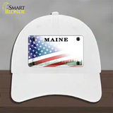 Maine with American Flag Novelty License Plate Hat Unconstructed Cotton / White