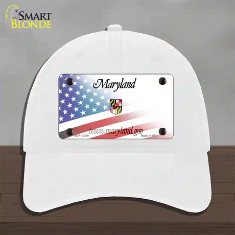 Maryland with American Flag Novelty License Plate Hat Unconstructed Cotton / White