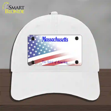 Massachusetts with American Flag Novelty License Plate Hat Unconstructed Cotton / White