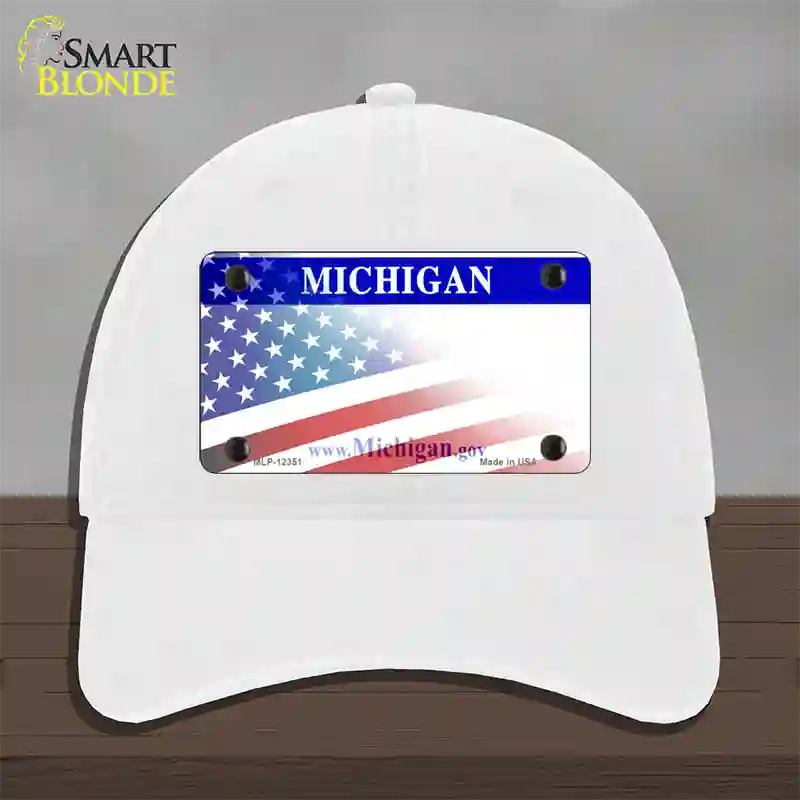 Michigan with American Flag Novelty License Plate Hat Unconstructed Cotton / White