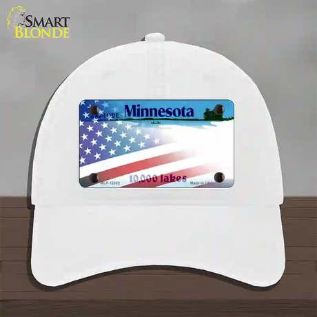 Minnesota with American Flag Novelty License Plate Hat Unconstructed Cotton / White