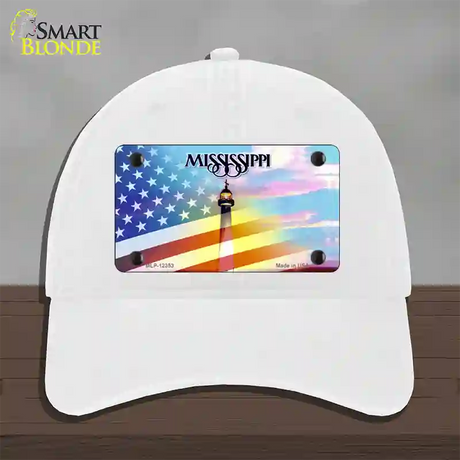 Mississippi with American Flag Novelty License Plate Hat Unconstructed Cotton / White