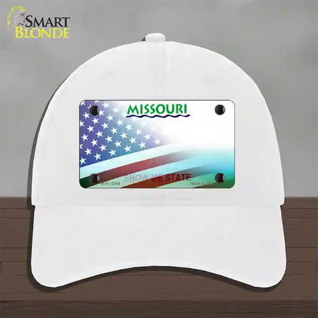 Missouri with American Flag Novelty License Plate Hat Unconstructed Cotton / White