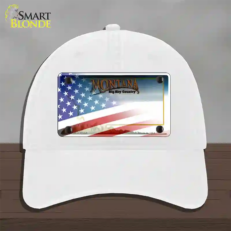 Montana with American Flag Novelty License Plate Hat Unconstructed Cotton / White