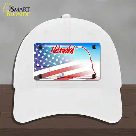 Nebraska with American Flag Novelty License Plate Hat Unconstructed Cotton / White