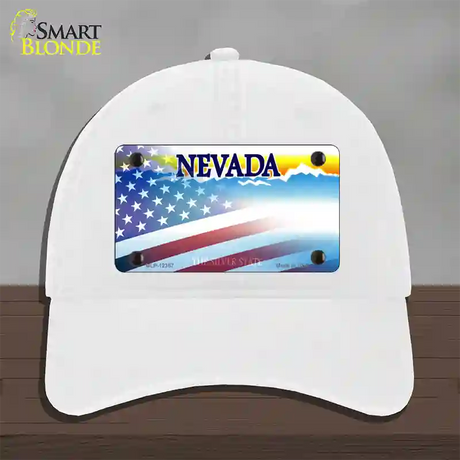 Nevada with American Flag Novelty License Plate Hat Unconstructed Cotton / White