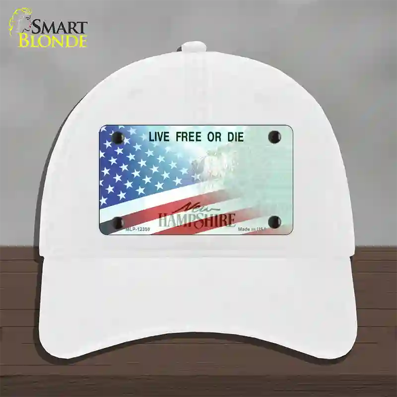 New Hampshire with American Flag Novelty License Plate Hat Unconstructed Cotton / White