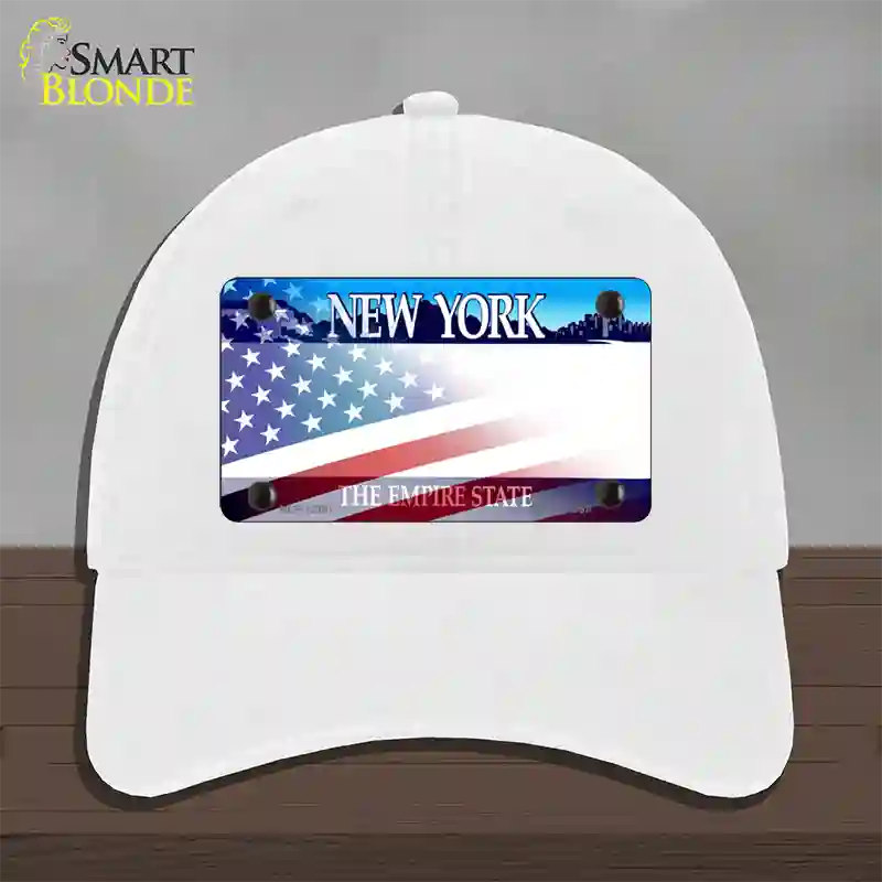 New York with American Flag Novelty License Plate Hat Unconstructed Cotton / White