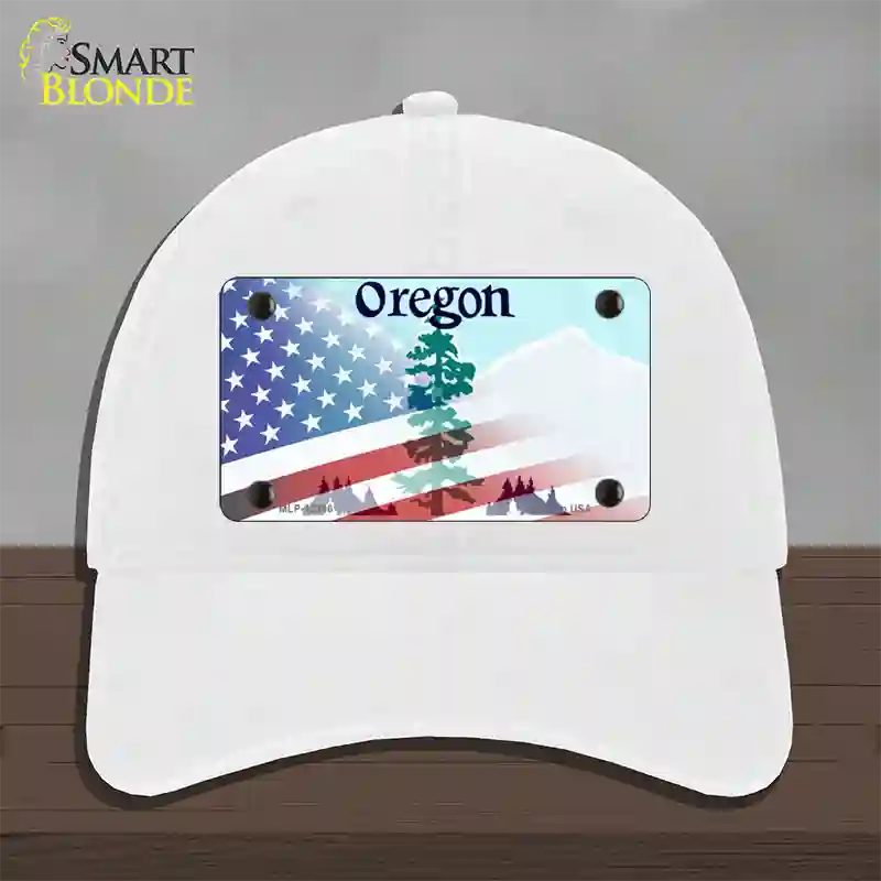 Oregon with American Flag Novelty License Plate Hat Unconstructed Cotton / White