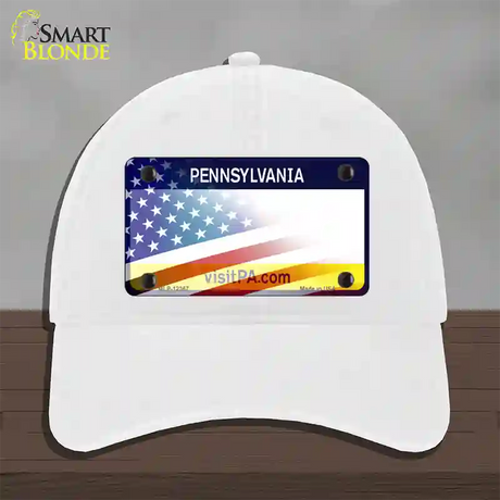 Pennsylvania with American Flag Novelty License Plate Hat Unconstructed Cotton / White