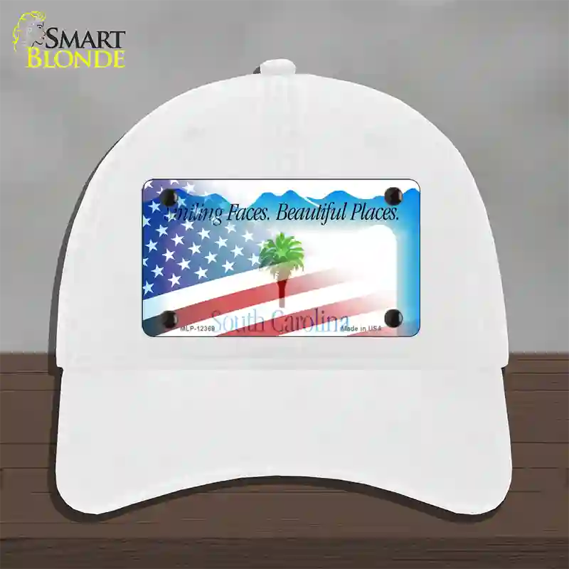 South Carolina with American Flag Novelty License Plate Hat Unconstructed Cotton / White