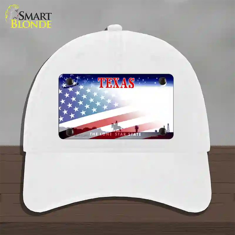 Texas with American Flag Novelty License Plate Hat Unconstructed Cotton / White