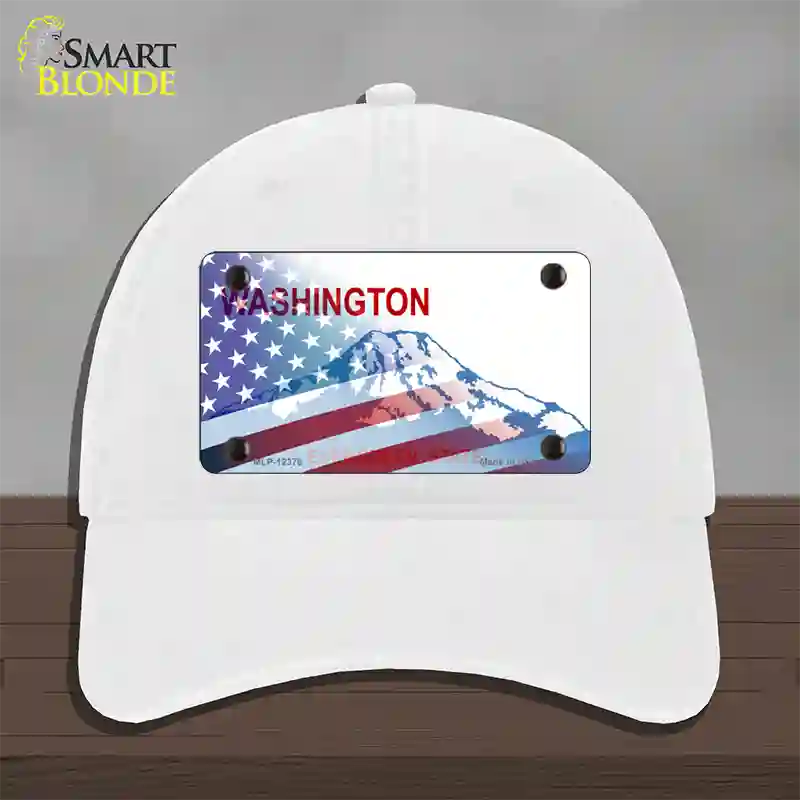 Washington with American Flag Novelty License Plate Hat Unconstructed Cotton / White