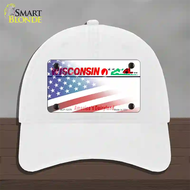 Wisconsin with American Flag Novelty License Plate Hat Unconstructed Cotton / White