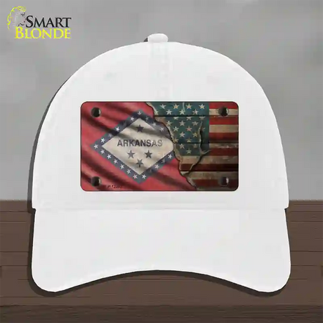 Arkansas/American Flag Novelty License Plate Hat Unconstructed Cotton / White