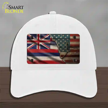 Hawaii/American Flag Novelty License Plate Hat Unconstructed Cotton / White