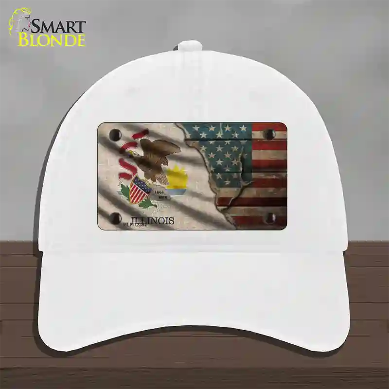 Illinois/American Flag Novelty License Plate Hat Unconstructed Cotton / White