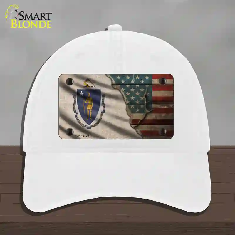 Massachusetts/American Flag Novelty License Plate Hat Unconstructed Cotton / White