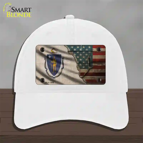 Massachusetts/American Flag Novelty License Plate Hat Unconstructed Cotton / White