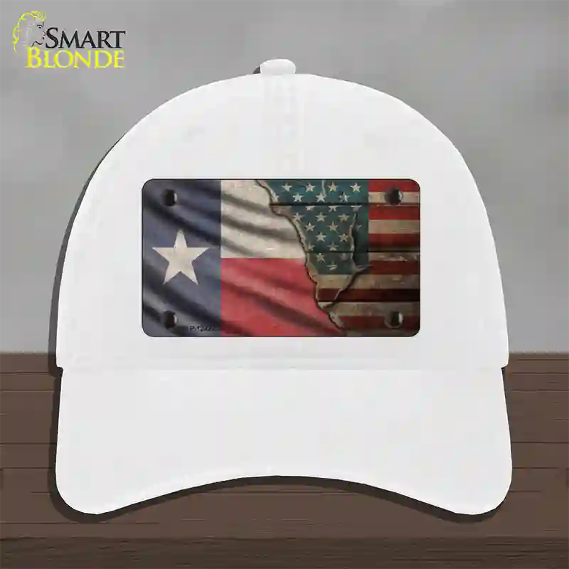 Texas/American Flag Novelty License Plate Hat Unconstructed Cotton / White