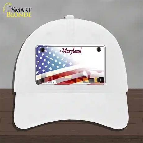 Maryland State with American Flag Novelty License Plate Hat Unconstructed Cotton / White