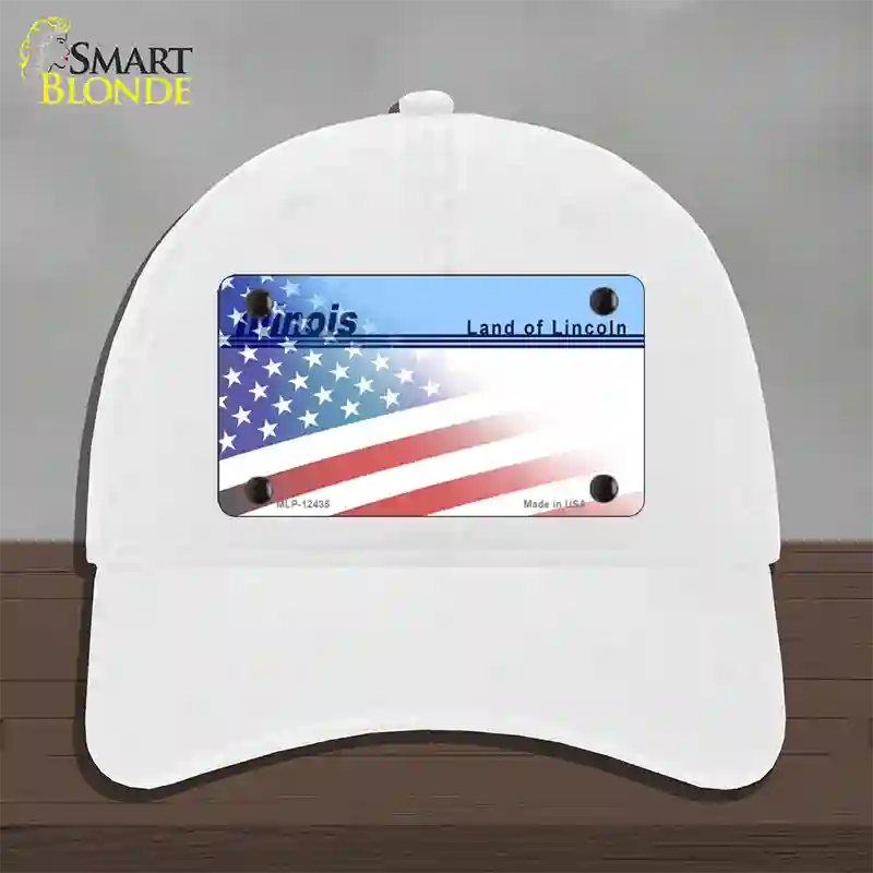 Illinois Lincoln with American Flag Novelty License Plate Hat Unconstructed Cotton / White