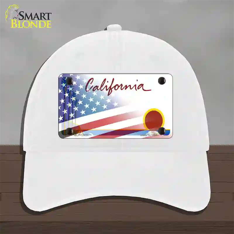 California Palm Plate American Flag Novelty License Plate Hat Unconstructed Cotton / White