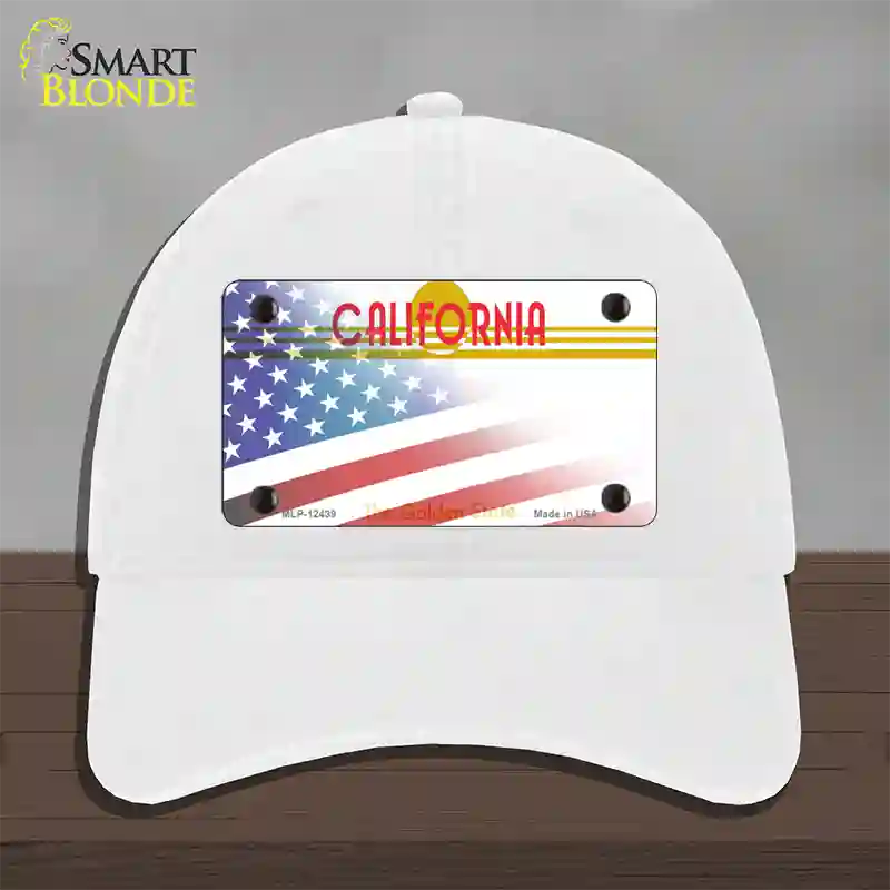 California Golden with American Flag Novelty License Plate Hat Unconstructed Cotton / White