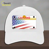 California Golden with American Flag Novelty License Plate Hat Unconstructed Cotton / White