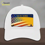 New York Yellow with American Flag Novelty License Plate Hat Unconstructed Cotton / White