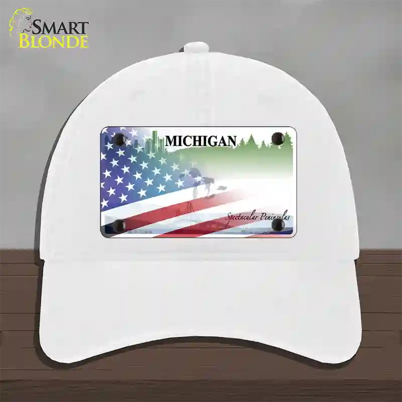 Michigan Peninsulas Plate American Flag Novelty License Plate Hat Unconstructed Cotton / White