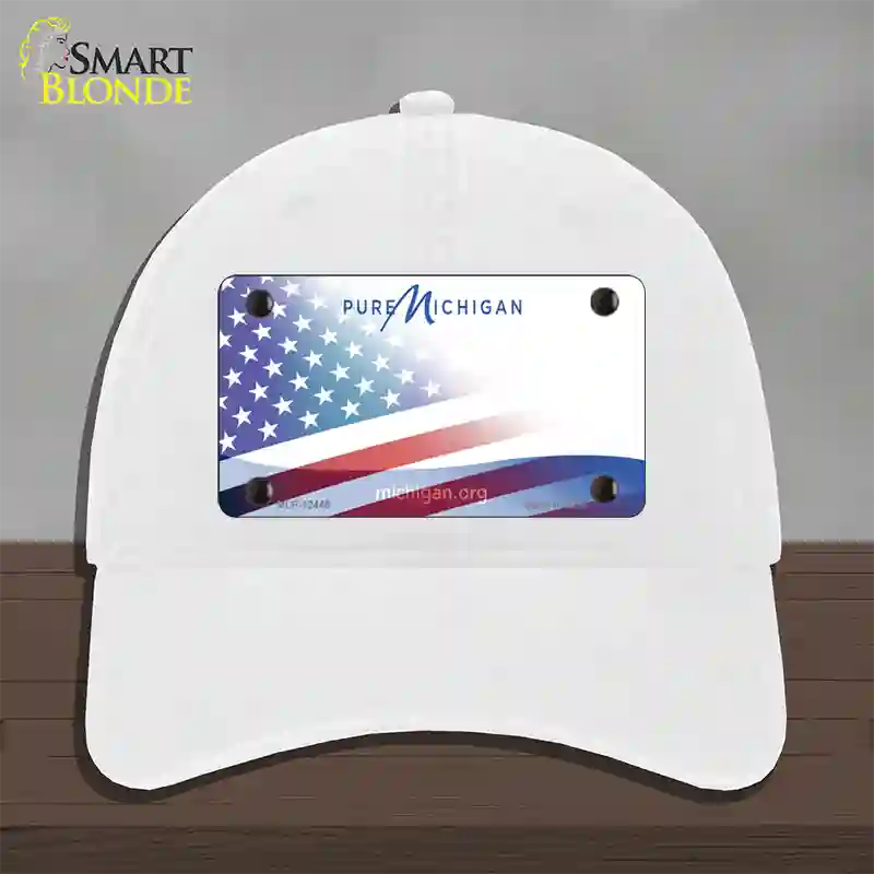 Pure Michigan Plate American Flag Novelty License Plate Hat Unconstructed Cotton / White