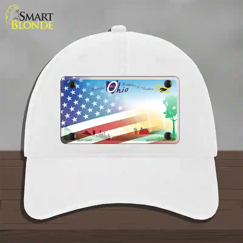 Ohio Birthplace with American Flag Novelty License Plate Hat Unconstructed Cotton / White