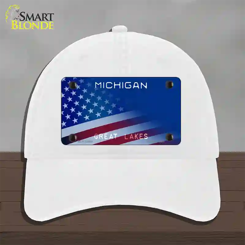 Michigan Great Lakes Plate American Flag Novelty License Plate Hat Unconstructed Cotton / White