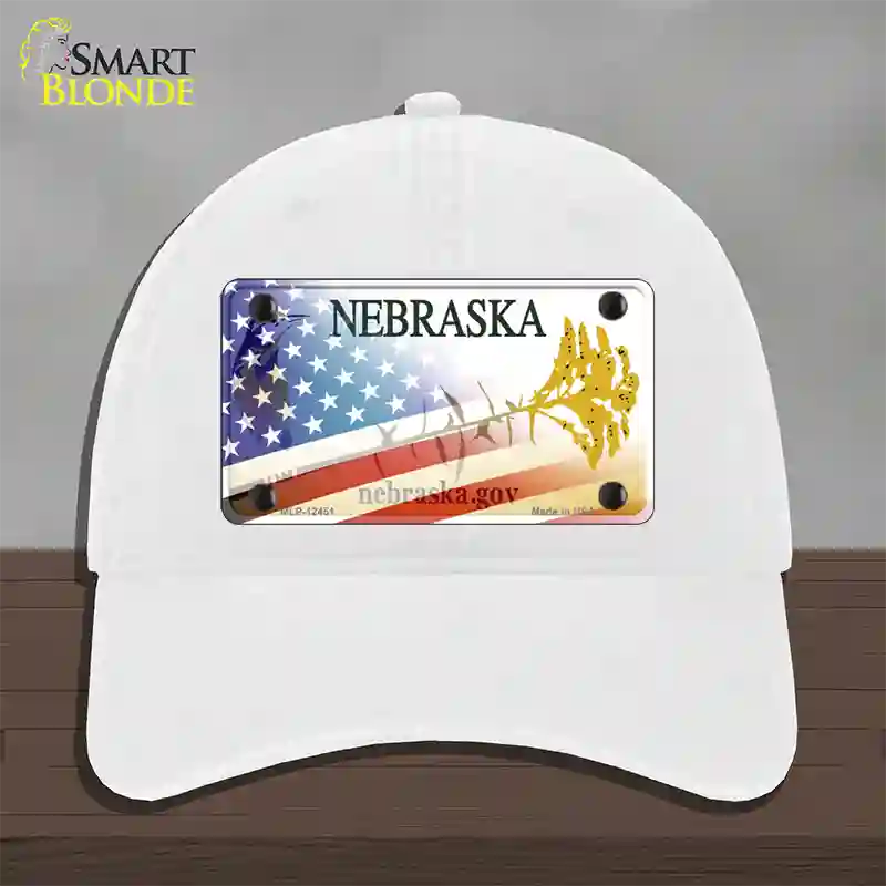 Nebraska Plate American Flag Novelty License Plate Hat Unconstructed Cotton / White